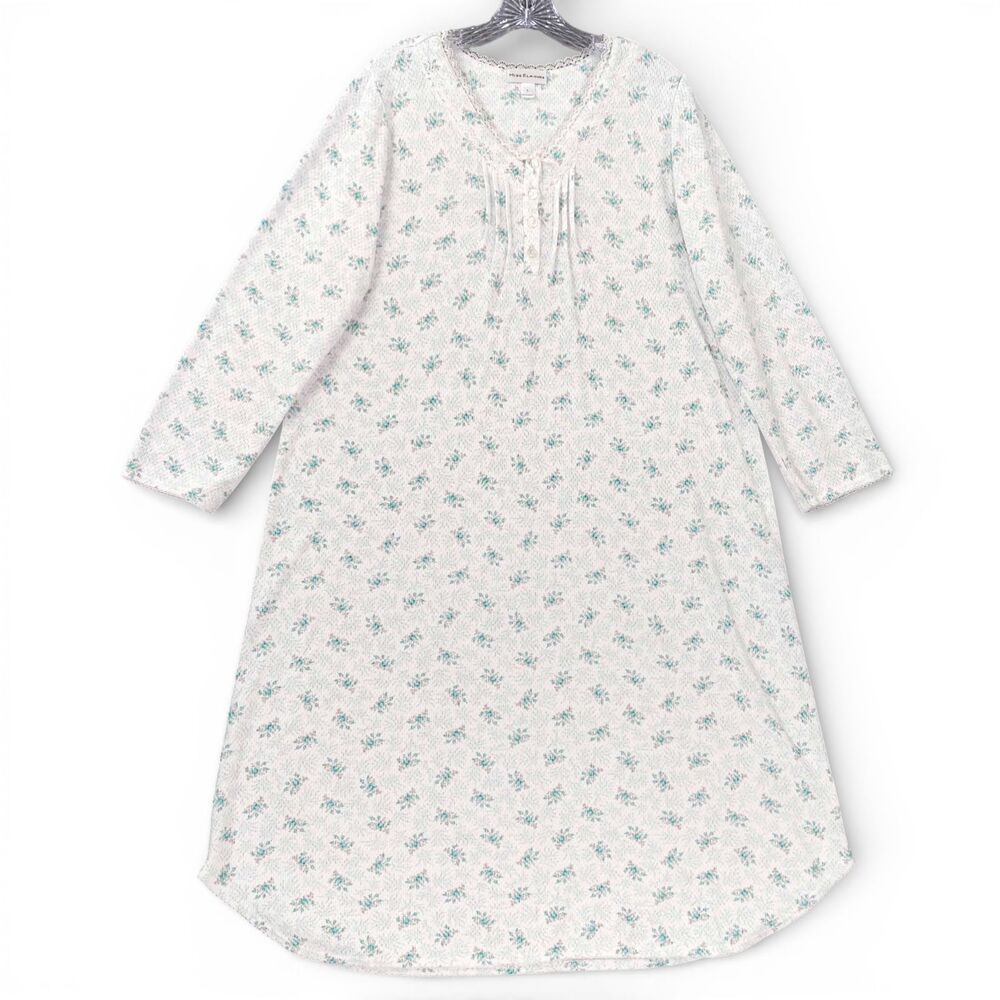 Miss Elaine Floral Nightgown L Long Sleeve Lace Trim Button Front